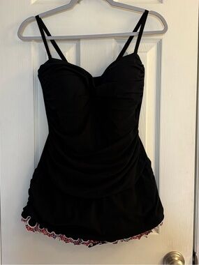 Profile by Gottex Black Sweetheart Ruched Swimdress Sweetheart Neckline Size 14